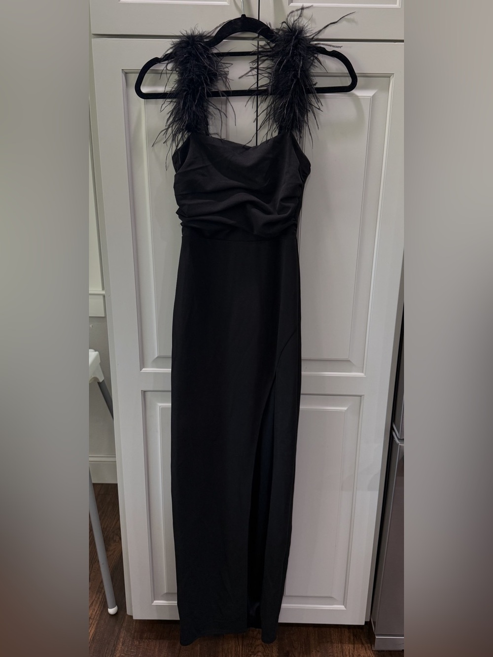 Lulus Black Feather Strap Evening Gown